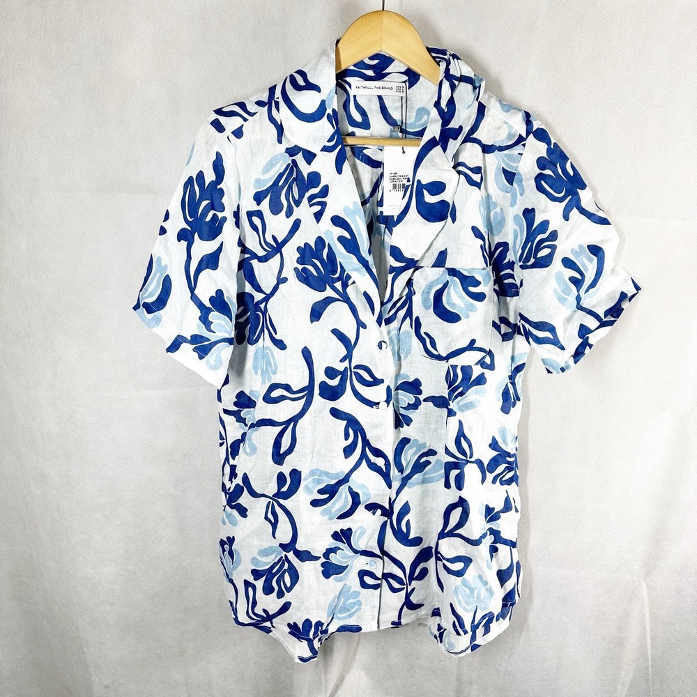 Faithfull The Brand Charlita Shirt Dress Top Ensola Floral Blue Print
